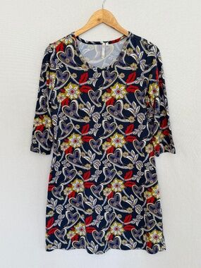 LULU-B Women’s Medium Blue Red & Gold Heart Floral Print 3/4 Sleeve Dress
